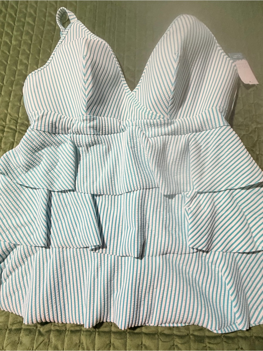 Cacique striped seersucker tankini top three-tiered turquoise white size 18 NWT